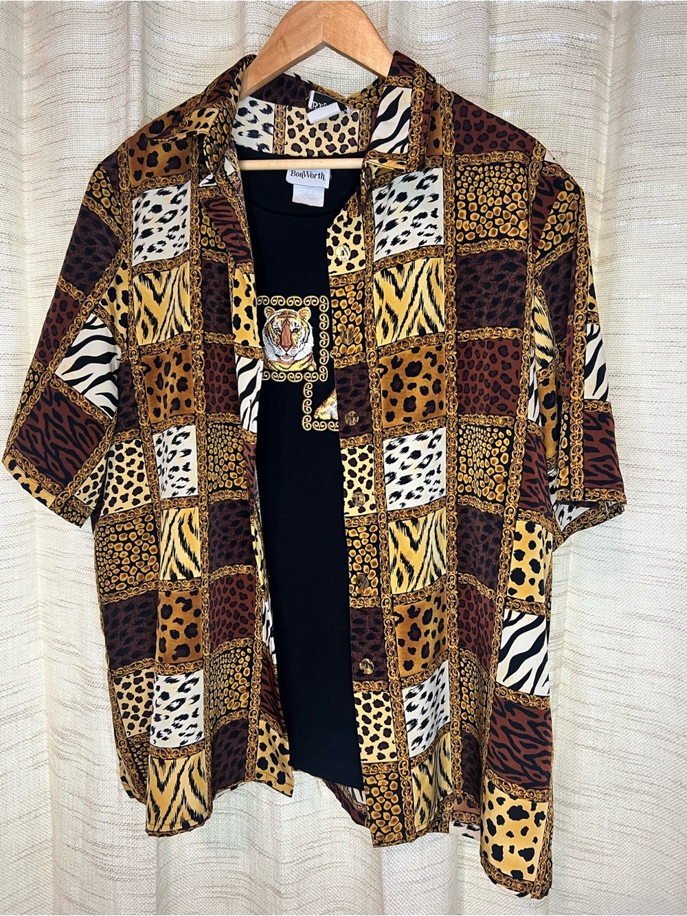 BonWorth 2 Pc XL Petite Safari Animal Print Shirt Tank Set Tiger Giraffe EUC
